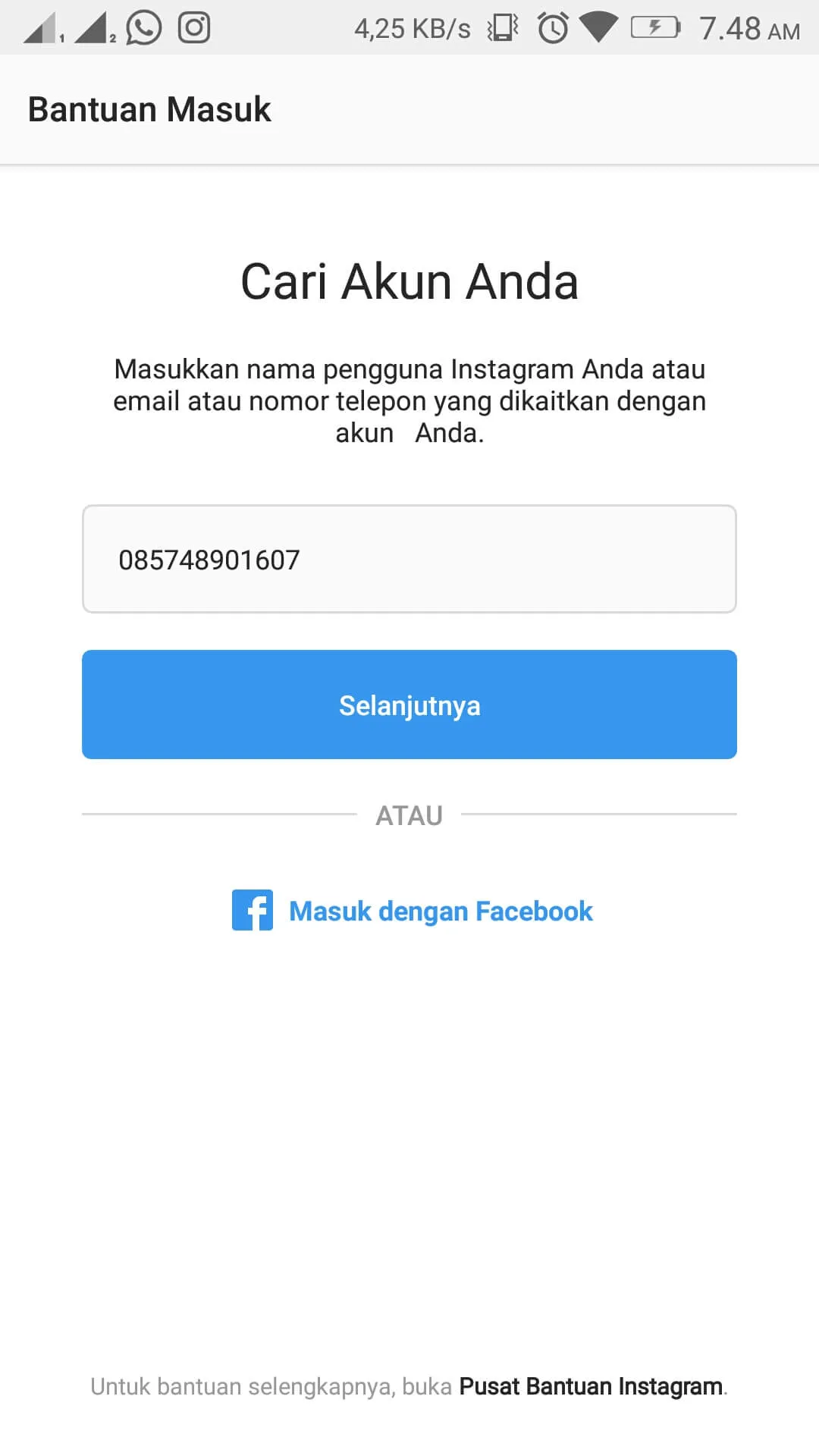 Masuk Instagram melalui bantuan nomor ponsel Masuk Instagram melalui bantuan nomor ponsel