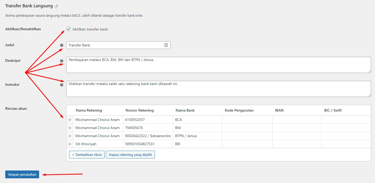 Data Pembayaran Transfer Bank Woocommerce