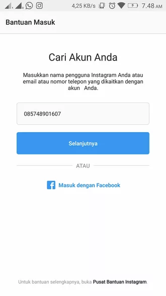 Masuk Instagram melalui bantuan nomor ponsel